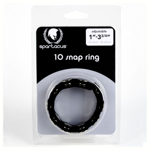Image of a 10 Snap Leather Penis Ring in its clamshell packaging.