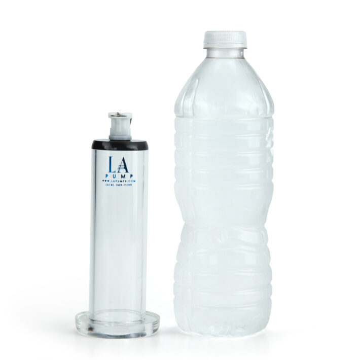 Female to male transgender cylinder next to a water bottle to show its height.