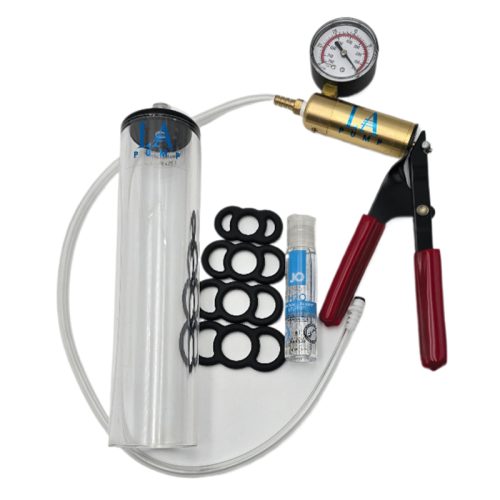 pump with gauge, restriction rings and bottle of lubricant