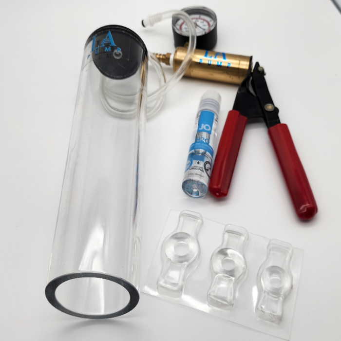 Thickwall cylinder, hand pump, bottle of lubricant and three pack of restriction rings in this image.